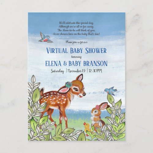 Woodland Animal Fawn Vintage Virtual Baby Shower  Invitation Postcard