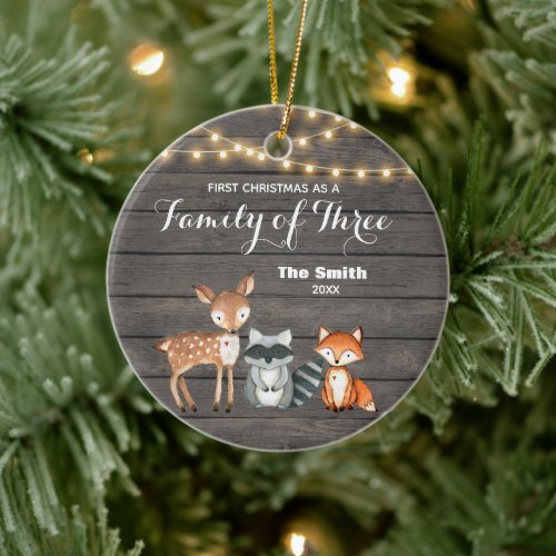  Woodland Animal First Christmas as a Family of 3 Ceramic Ornament