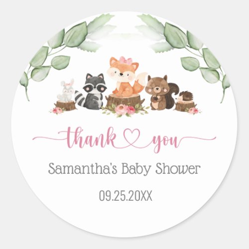 Woodland Animal Floral Girl Baby Shower Favor Classic Round Sticker