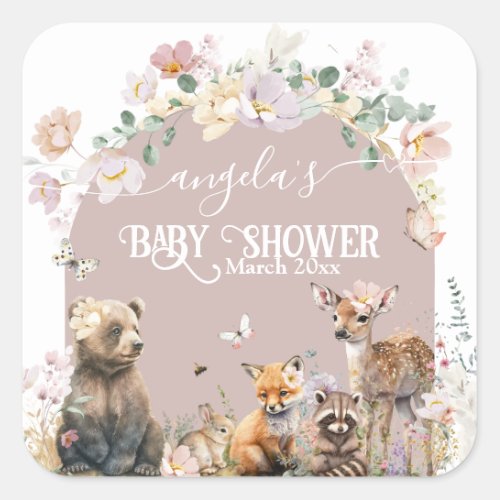 Woodland animal floral girl Baby Shower Square Sticker