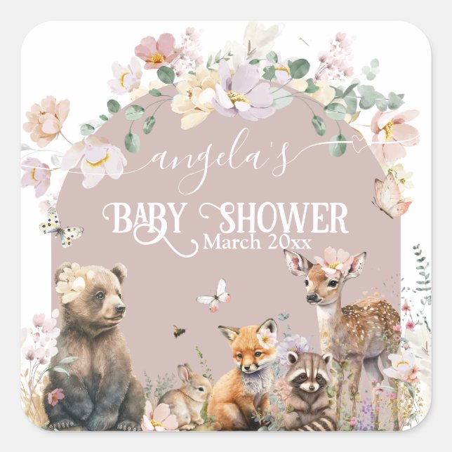 Woodland animal floral girl Baby Shower Square Sticker (Front)