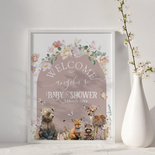 Woodland animal floral girl Baby Shower welcome Poster