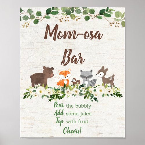 Woodland Animal Floral Mimosa Bar Baby Shower Poster