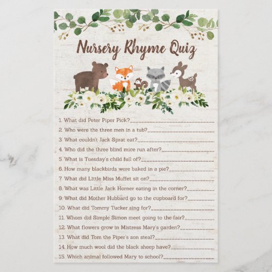 Woodland Animal Floral Nursery Rhyme Shower Game (Front)