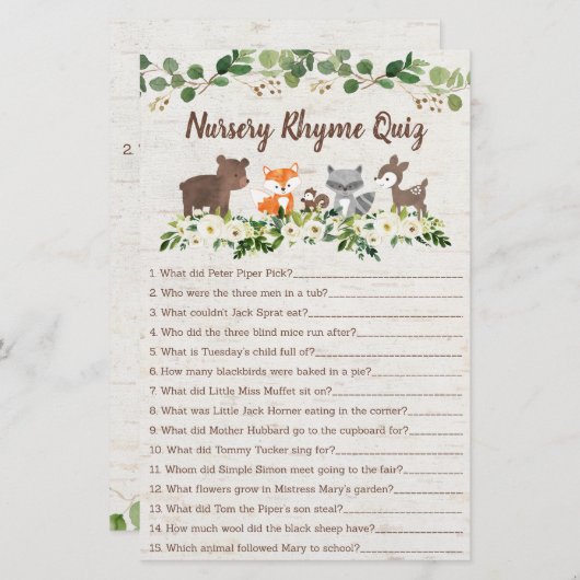 Woodland Animal Floral Nursery Rhyme Shower Game (Front/Back)