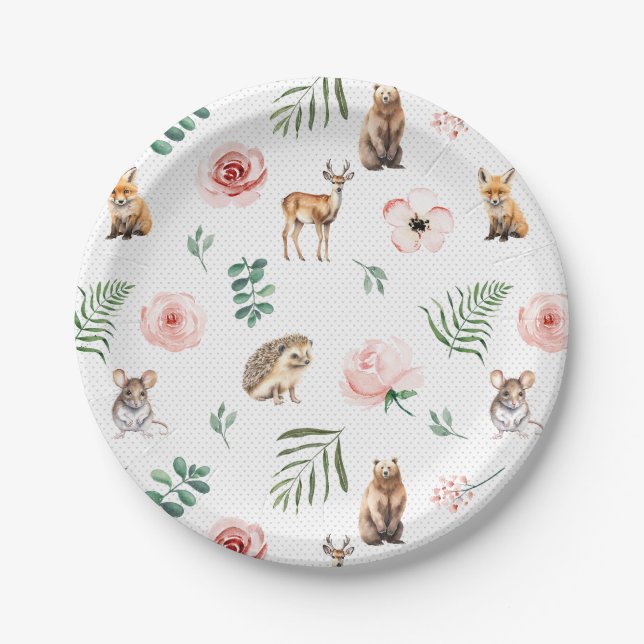 Woodland animal floral party paper plates (Front)