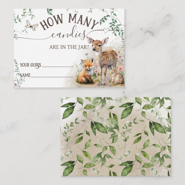 Woodland animal forest greenery Baby Shower game Enclosure Card (Front/Back)