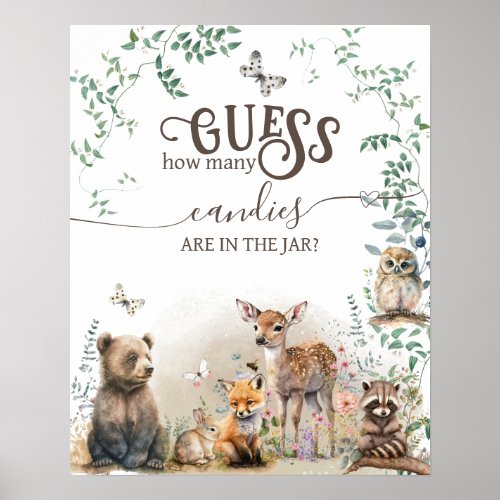 Woodland animal forest greenery Baby Shower game Poster
