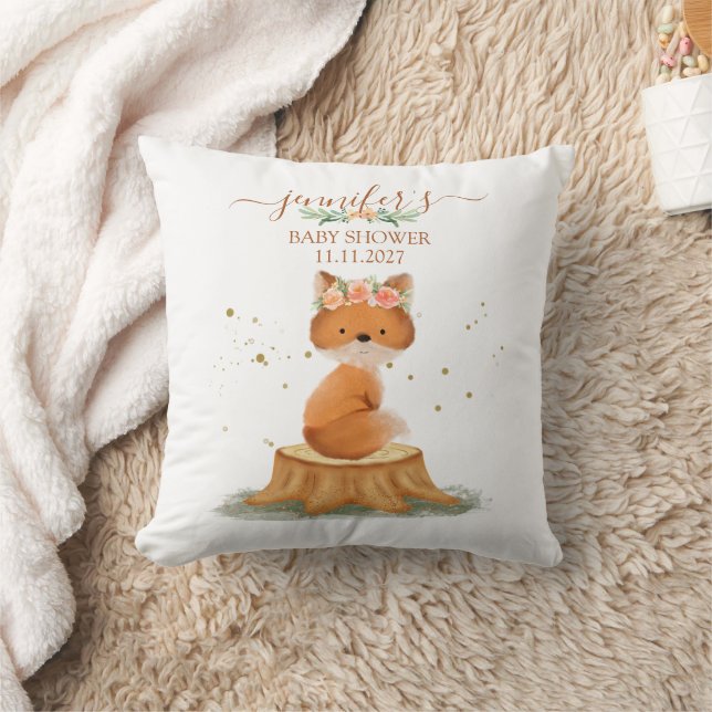 Woodland Animal Fox Baby Shower Botanical Design Throw Pillow (Blanket)