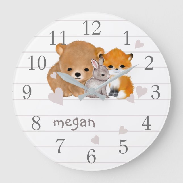 Woodland Animal Fox Bear Bunny Wall Clock (Front)