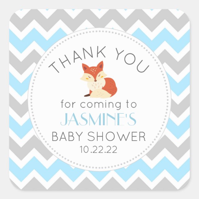 Woodland animal Fox blue baby shower favor Square Sticker (Front)