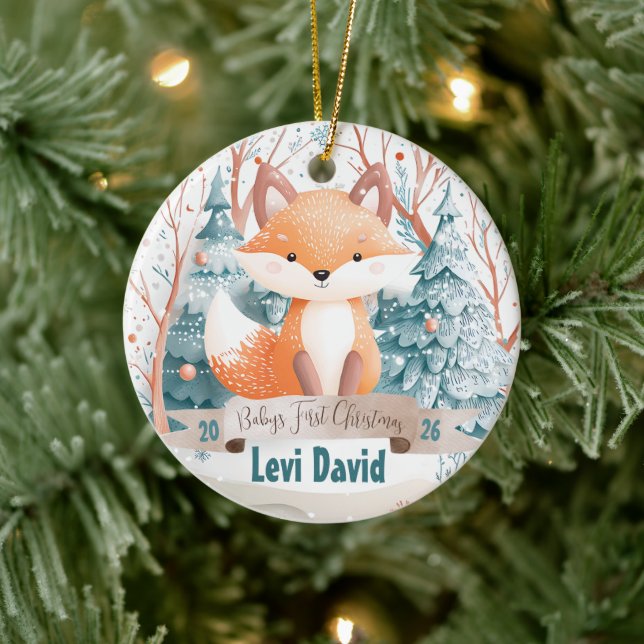 Woodland Animal Fox Boho Boy Baby's 1st Christmas Ceramic Ornament (Tree)