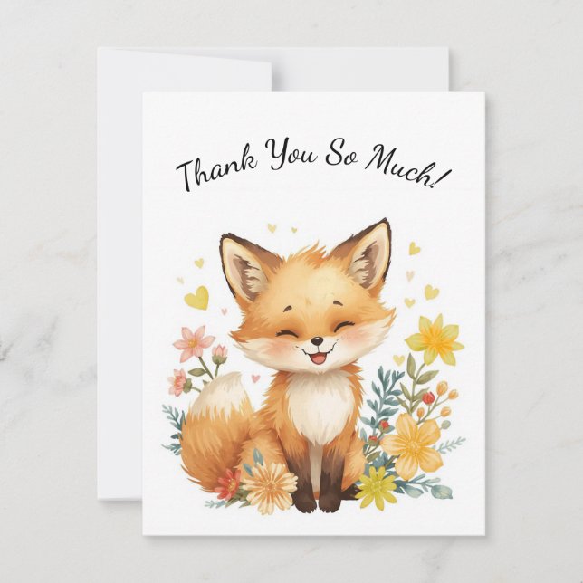 Woodland Animal Fox Kids Yellow Hearts Floral Note Card (Front)