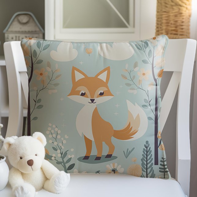 Woodland Animal Fox Themed, Blue Baby Boy Nursery Throw Pillow (Blue woodland fox, Cute Animals, Baby Boy Nursery Pillow,)