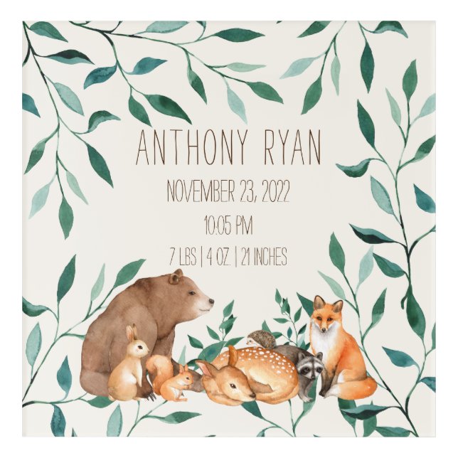 Woodland Animal Friends Birth Stats  Acrylic Print (Front)