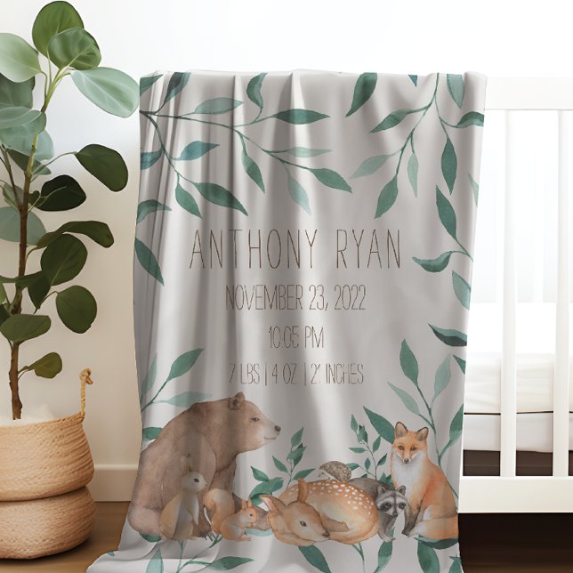 Woodland Animal Friends Birth Stats   Baby Blanket (Creator Uploaded)