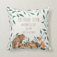 Woodland Animal Friends Birth Stats  Throw Pillow