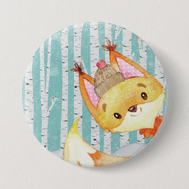 Woodland Animal Friends in Winter Forest-Fox Pinback Button (Front)