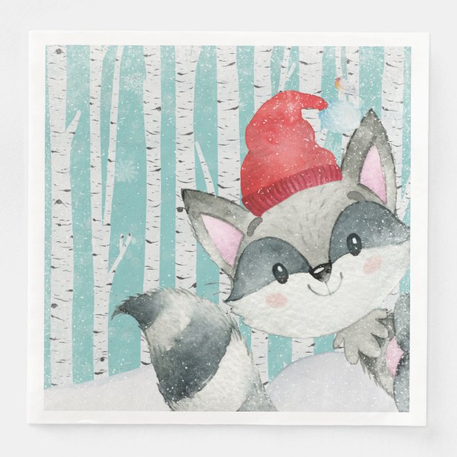 Woodland Animal Friends in Winter Forest- Racoon Paper Dinner Napkins (Front)