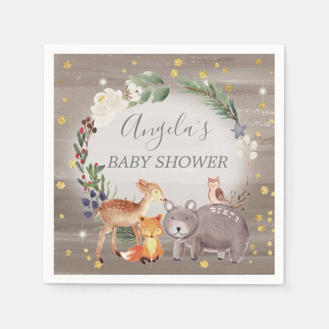 Woodland Animal Friends Sparkle Baby Shower Napkins (Front)