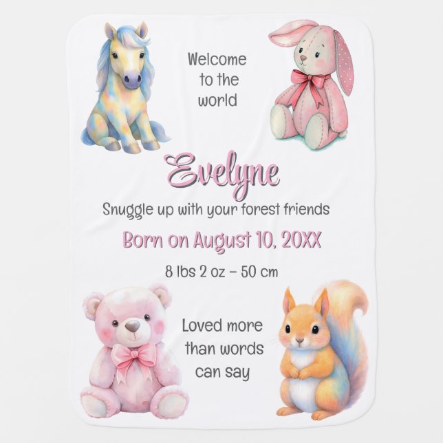 Woodland Animal Friends Watercolor Birth Details Baby Blanket (Front)