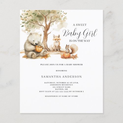 Woodland Animal Girl Budget Baby Shower Invitation Flyer