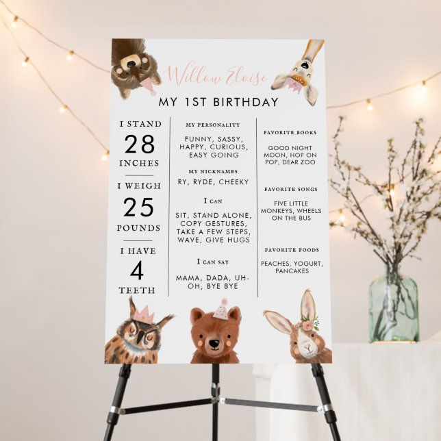 Woodland Animal Girl First Birthday Milestone  Foam Board (In Situ (Stand))
