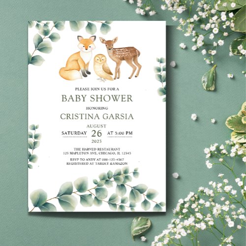 Woodland animal greenery baby shower invitation