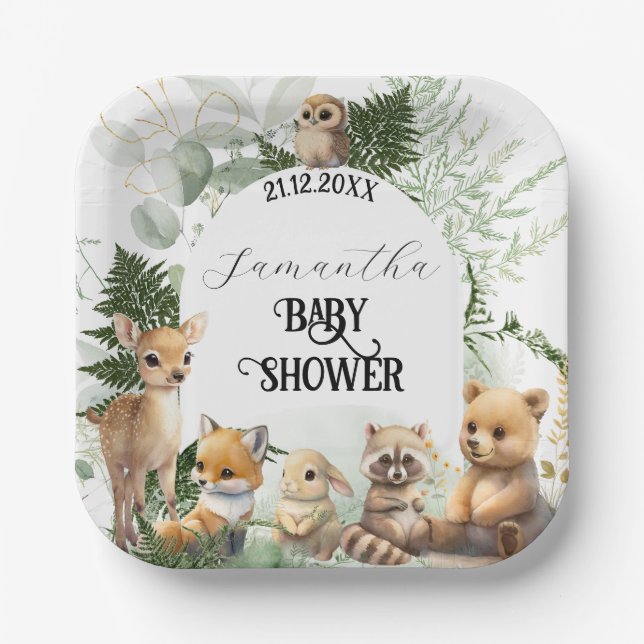 Woodland animal Greenery forest Baby Shower Paper Plates (Front)
