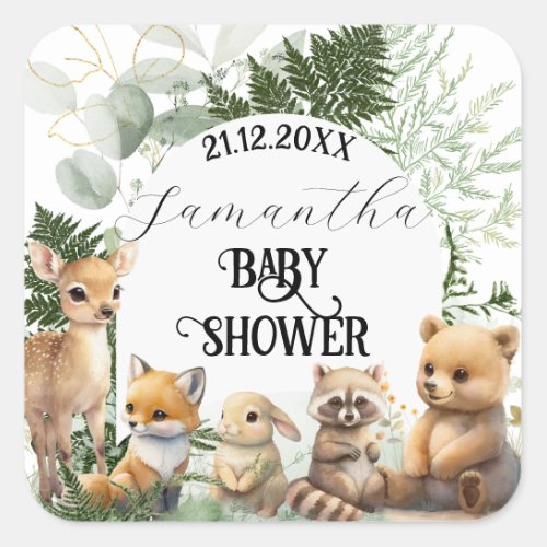 Woodland animal Greenery forest Baby Shower Square Sticker