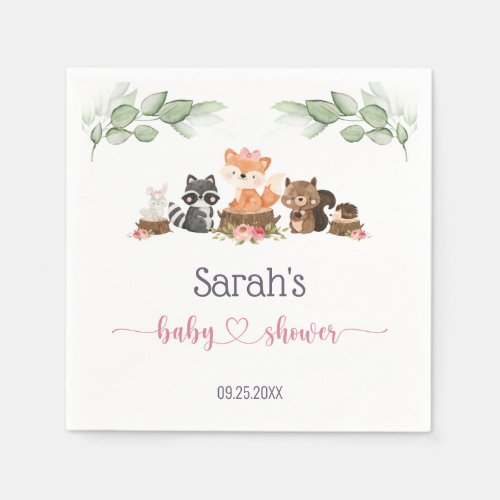 Woodland Animal Greenery Pink Baby Shower Napkins