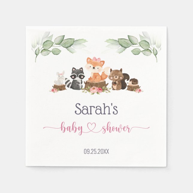Woodland Animal Greenery Pink Baby Shower Napkins (Front)