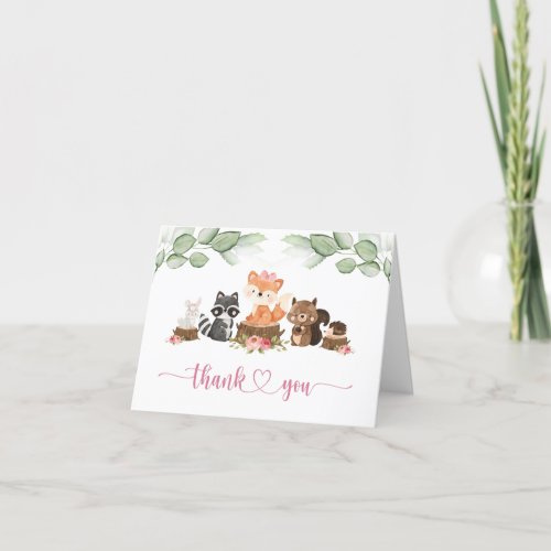 Woodland Animal Greenery Pink Baby Shower Thank You Card