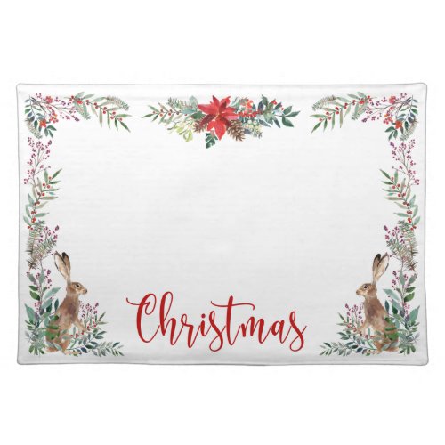 Woodland animal hare Poinsettia Christmas berry Cloth Placemat