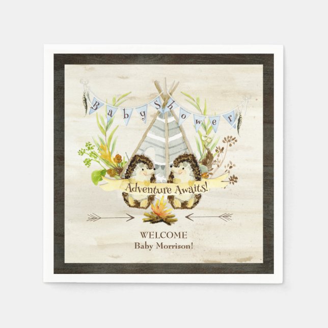 Woodland Animal Hedgehogs Teepee Boho Baby Shower Paper Napkins (Front)