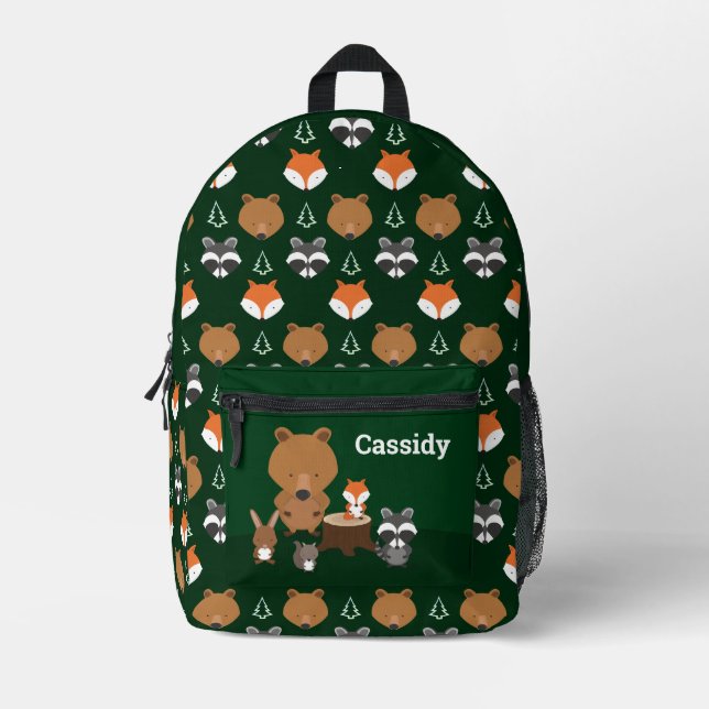 Woodland Animal Kids Name Printed Backpack (Front)