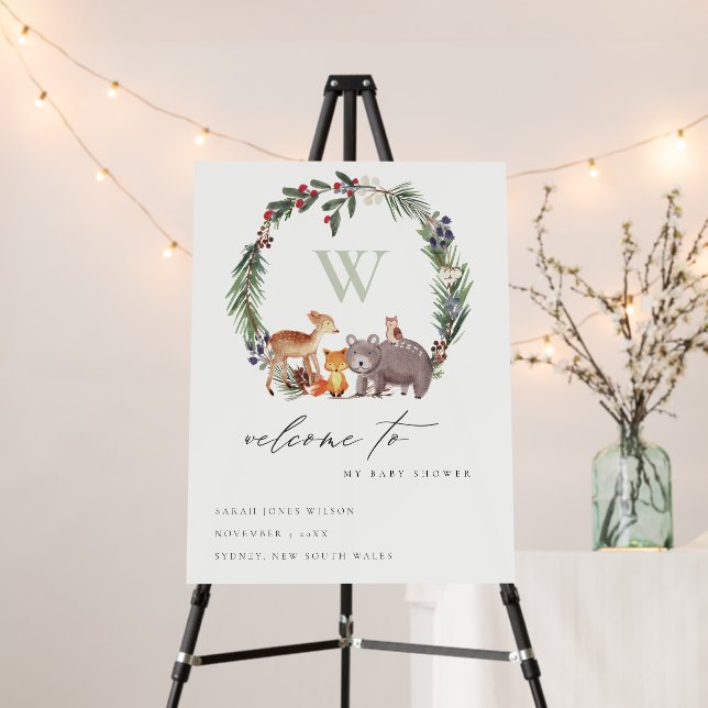 Woodland Animal Leafy Wreath Baby Shower Welcome Foam Board (In Situ (Stand))