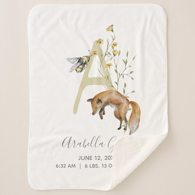 Woodland Animal Letter A Baby Script Birth Stats Sherpa Blanket (Easily personalize this monogram baby stats blanket for a newborn gift she'll treasure!)