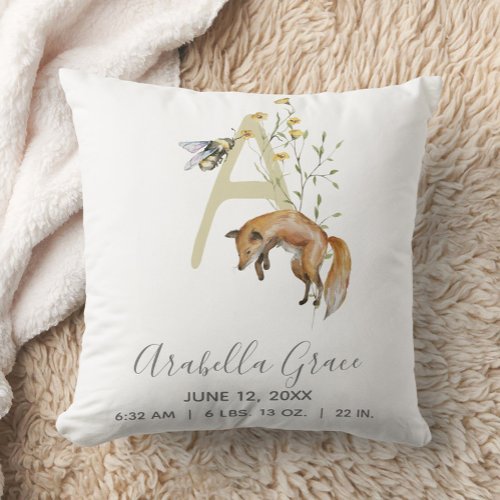 Woodland Animal Letter A Monogram Baby Birth Stats Throw Pillow