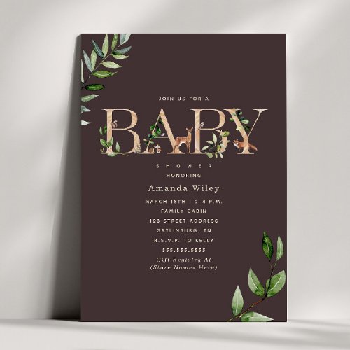 Woodland Animal Lettering Forest Brown Baby Shower Invitation