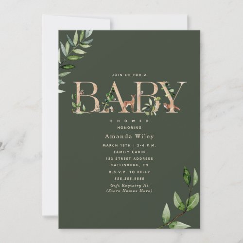 Woodland Animal Lettering Forest Green Baby Shower Invitation