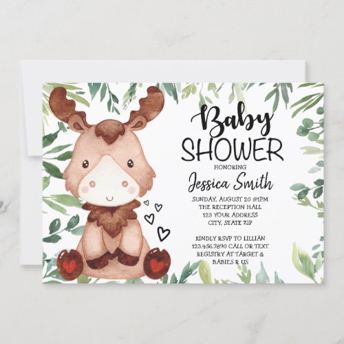 Woodland Animal Moose Baby Shower Greenery Boy Invitation