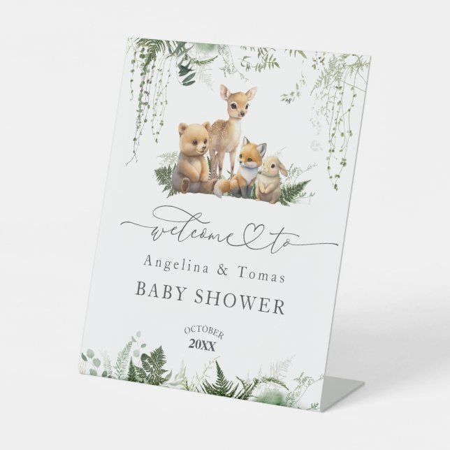 Woodland Animal Neutral Baby Shower Welcome Pedestal Sign (Front)