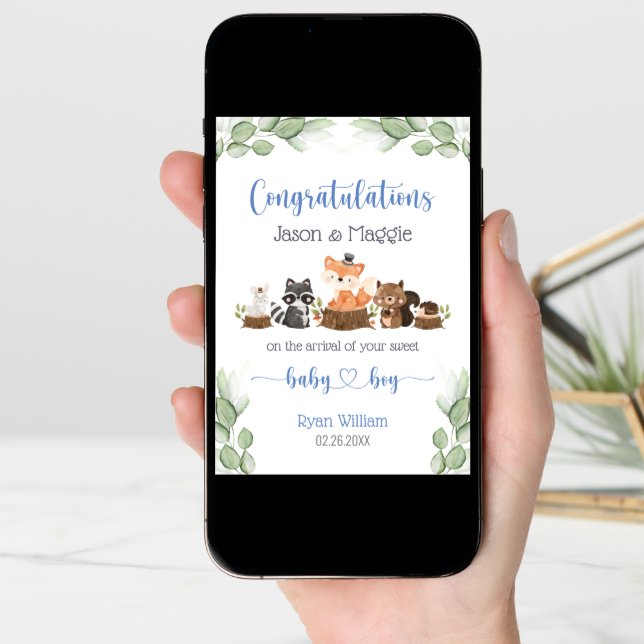Woodland Animal New Baby Boy Blue Congratulations Card (Front Digital)