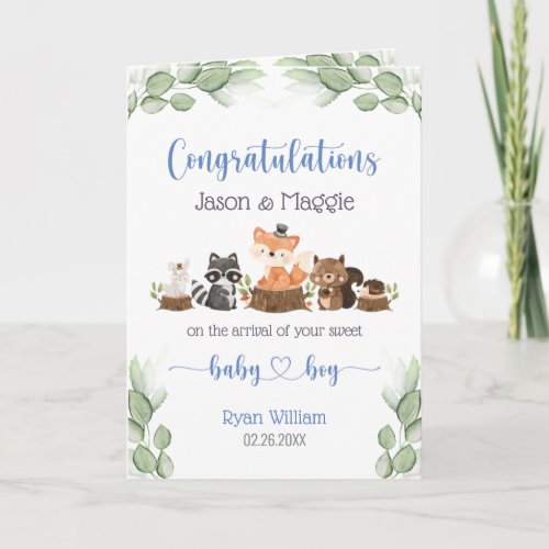 Woodland Animal New Baby Boy Blue Congratulations Card