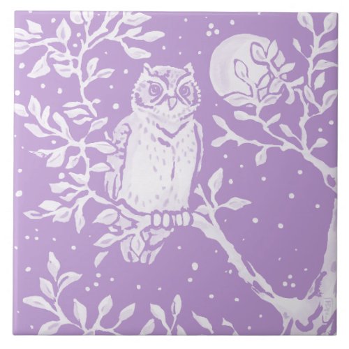 Woodland Animal Owl in Tree Moon Night Nature Ceramic Tile