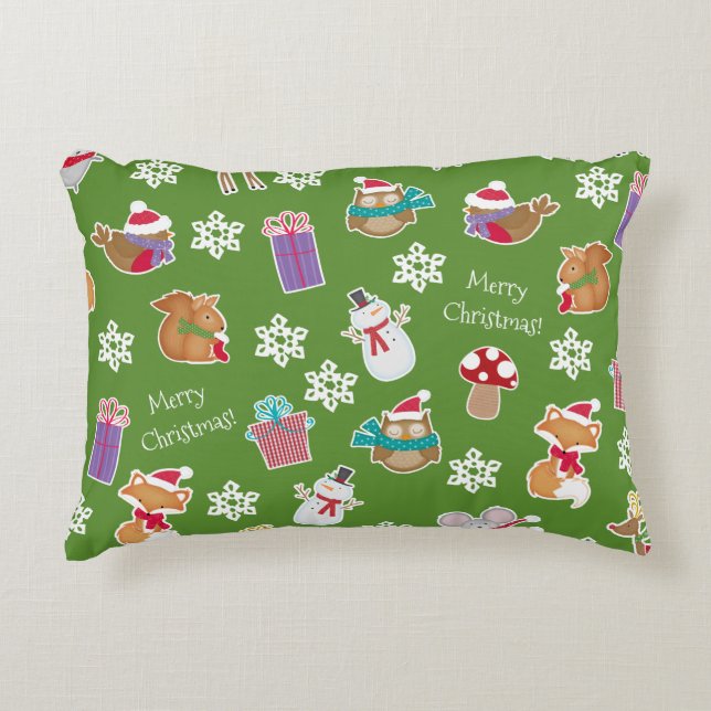 Woodland Animal Pattern Green Merry Christmas Accent Pillow (Front)