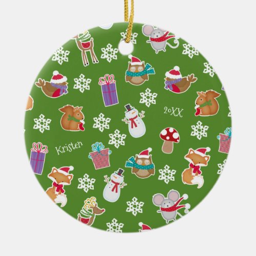 Woodland Animal Pattern Green Merry Christmas Ceramic Ornament