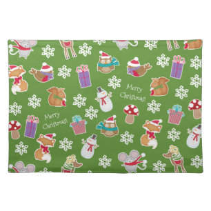 Woodland Animal Pattern Green Merry Christmas Cloth Placemat