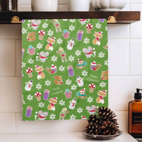 Woodland Animal Pattern Green Merry Christmas Kitchen Towel